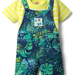 Babyhug Single Jersey Knit Half Sleeves T-Shirt & Dungaree With Tropical Print - Limegreen & Teal Blue-picture-15