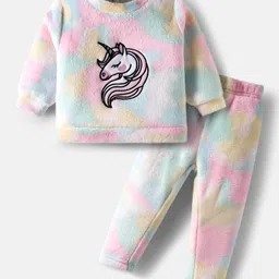 Babyhug Fur Knit Winter Wear Top & Joggers Set With Unicorn Embroidery Design - Pink & Light Blue-picture-12