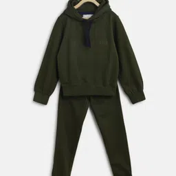 Tales & Stories Woven Full Sleeves Brand Name Embroidered Hooded Light Winter Sweatshirt & Track Pants Set - Dark Green-picture-13