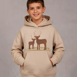 Cherry Crumble By Nitt Hyman Full Sleeves Reindeer Patch Detailed Unisex Winter Hoodie - Beige-picture-24