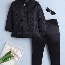 Fourfolds Woven Full Sleeves Cubes Embroidered Jodhpuri & Trousers Set - Black-image-15
