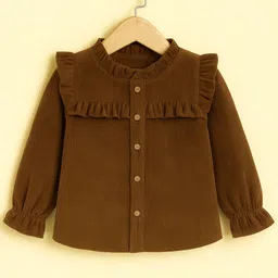 Aww Hunnie Corduroy Woven Full Peasant Sleeves Frill Detailed Ribbed Top - Brown-picture-13