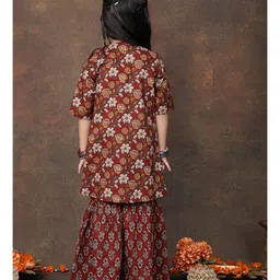 Kinder Kids Cotton Woven Metal Applique Detailed Kurti & Sharara With Three Fourth Sleeves Floral Printed Jacket Set - Brown image 3