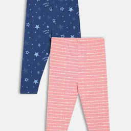 MINI KLUB Cotton Knit Pack Of 2 Abstract & Stars Printed Leggings - Pink & Blue image 3