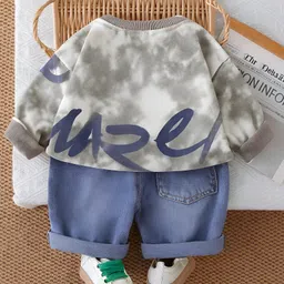 Googo Gaaga Cotton Knit Full Sleeves Typography Printed Light Winter Sweatshirt With Attached Chain & Jeans Set - Grey image 3