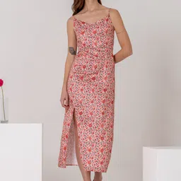 KALAMIR Women Peach Printed Shoulder Strap Floral Slip Dress-picture-14