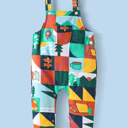 Babyhug Single Jersey Knit Full Sleeves Solid T-Shirt & Dungaree Style Romper with Jungle Theme Print - White & Green image 5