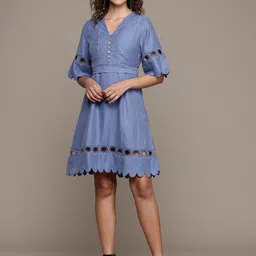 Label Ritu Kumar Flared Sleeves Schiffli A-Line Dress with Belted Detail-picture-18