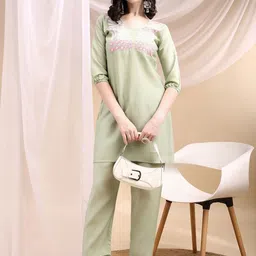 KALINI Embroidered V-Neck Chanderi Silk Tunic With Trousers image 5