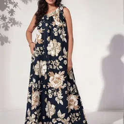 Fashfun Floral Printed One Shoulder Linen Fit & Flare Maxi Dress-picture-17
