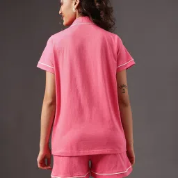 Clovia Cotton Button Down Shirt And Shorts Pink image 4