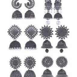 MEENAZ Set Of 6 Silver-Plated Oxidised Dome Shaped Jhumkas-picture-17