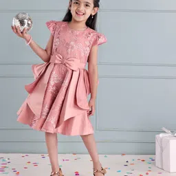 Mark & Mia Cotton Cap Sleeveless Frock with Bow and Floral Embroidery - Pink-image-4