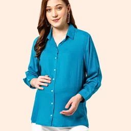 Zelena Full Sleeves Solid Maternity Top With Zip Less Nursing Access - Turquoise Blue-image-47