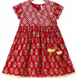 Babyhug Cotton Woven Floral Printed Half Sleeves Ethnic Dress with Tassle Detailing -  Red image 1