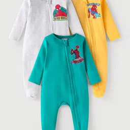 Babyhug Marvel Full Sleeves Sleep Suits with Spiderman Graphics Pack of 3 - Yellow Mint Green & White-picture-10