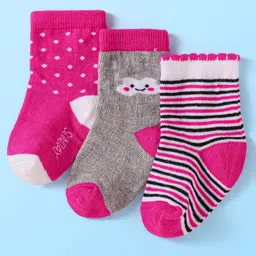 Cute Walk by Babyhug Anti-Bacterial Ankle Length Socks with Striped & Polka Dots DesignPack of 3 - Dark Pink & Grey-picture-23