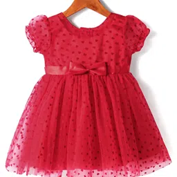 Babyhug Woven Half Puffed Sleeves Heart Designed Fit & Flared Party Dress with Bow Applique - Red-picture-34