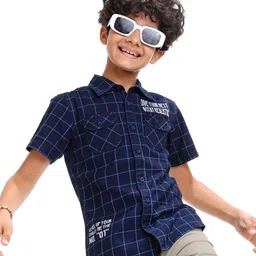 Pine Kids Denim Washed Woven Half Sleeves Check Shirt with Text Print - Navy Blue image 1