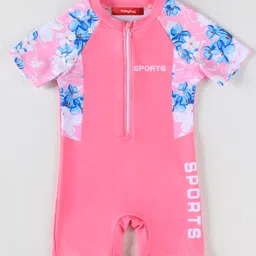 Babyhug Half Raglan SleevesLegged Swimsuit with Floral Print - Pink-picture-14