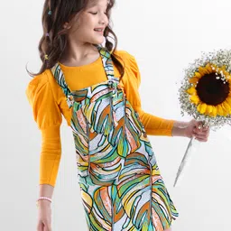 OLLINGTON ST. Cotton Rib Knit Full Sleeves Inner Top & Tropical Print Twill Pinafore - Yellow & White-picture-25