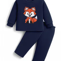 Kanvin Fleece Knit Full Sleeves Antipilling Winter Night Suit with Fox Patch Embroidery - Navy Blue-picture-16