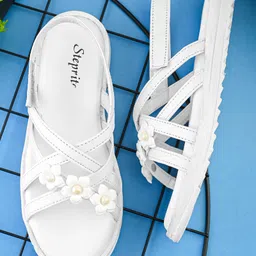 Steprite Strip Velcro Closure Floral Applique Detailed Sandal - White-picture-12