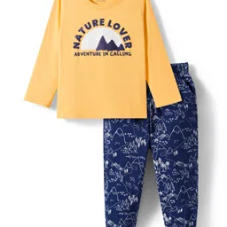 Honeyhap Premium 100% Cotton Knit Full Sleeves Night Suit With Bio Finish & Text Print - Sunset Gold & Navy Peony-picture-11