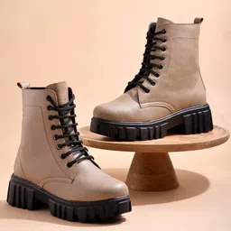 Shoetopia Solid Lace Up Boots - Tan-picture-31