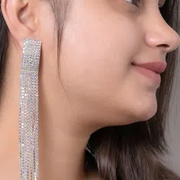 VAMA Silver-Plated Rhinestone Hanging Drop Sparkle Tassel Contemporary Drop Earrings image 3