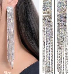 VAMA Silver-Plated Rhinestone Hanging Drop Sparkle Tassel Contemporary Drop Earrings image 2