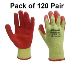 PRO GRIP By ROCKSAFE Safety Hand Gloves 10 Gauge Polycotton Crinkle Latex Palm Coating Seamless Liner Red & Yellow Free Size (Pack of 120 Pairs) image 2