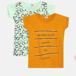 Lil Tomatoes Girls Cotton Mustard & Green Printed Pack Of 2 T-Shirts image 1