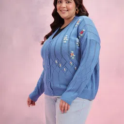 DressBerry Curve Floral Self Design V-Neck Knitted Cardigan image 3