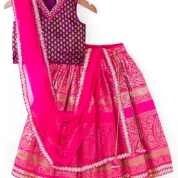 Babyhug Woven Sleeveless Embroidered Choli & Brocade Lehenga with Jari Border Dupatta - Fuschia-image-60