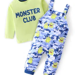 Babyhug 100% Coton Monster Print Dungaree With Front Pocket & Full Sleeves Inner Tee With Shoulder Snap Buttons - Light Green-picture-15