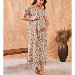 The Kaftan Company Half Sleeves Autumn Floral Printed Maternity Dress With Nursing Access - White & Brown-picture-19