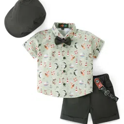 Robo Fry Cotton Knit Half Sleeves Shirt & Shorts Set with Sailor Theme Print with Hat Suspender & Bow - Green-picture-13