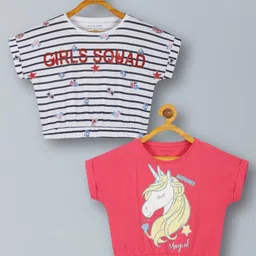 Plum Tree Pack Of 2 Half Sleeves Striped & Unicorn Printed Cotton Crop  Tops - Pink & Off White-picture-21