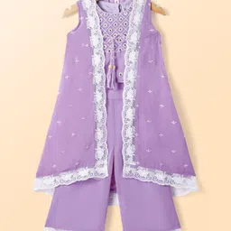 Babyhug Woven Sleeveless Sequinned Embroidered Top & Palazzo Set with Lace Detailed Shrug - Lavender-picture-11