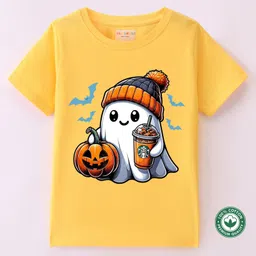 BLUSHES 100% Cotton Halloween Theme Half Sleeves Cute Ghost Printed Tee - Yellow image 1