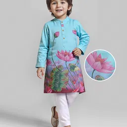 Babyhug Woven Full Sleeves Kurta & Pyjama with Lotus Print - Light Blue image 1
