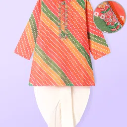 babyhug Babhug Woven Full Sleeves Bandhani Printed Dhoti Kurta Set with Floral Embroidery - Red & Orange-picture-23