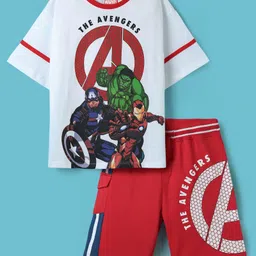 Pine Kids Marvel Single Jersey Knit Half Drop Shoulder Sleeves T-Shirt & Cut & Sew Shorts Set With Avengers Graphics - White & Red-picture-13