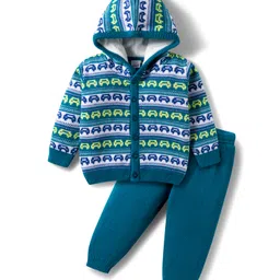 Babyhug Knitted Full Sleeves Hooded Sweater Set With Car Design - Teal Blue-picture-28