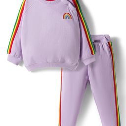 Bonfino 100% Cotton French Terry Knit Oversized Full Raglan Sleeves Oversized Sweatshirt with Joggers Set with Tape Detailing & Rainbow Print - Lavender-picture-22