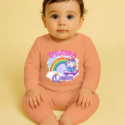 The Peppy Tend 100% Cotton Knit Full Sleeves Drama Queen Text & Baby Unicorn Printed Romper - Peach-picture-27
