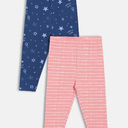 MINI KLUB Cotton Knit Pack Of 2 Abstract & Stars Printed Leggings - Pink & Blue-picture-13