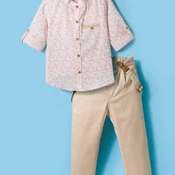 ToffyHouse Cotton Knit Full Sleeves Stationary Printed Party Shirt & Pant Set with Suspender - Tan-picture-24