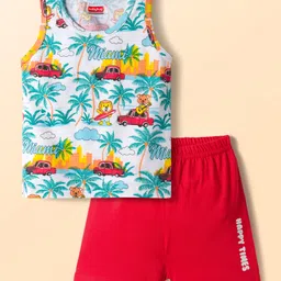 Babyhug 100% Cotton Knit Sleeveless Sando & Shorts Set with Beach Theme Print - White & Red-picture-37